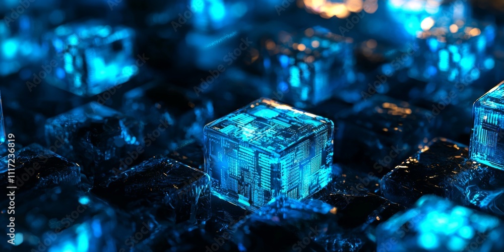 Poster futuristic blockchain data cubes server room technology