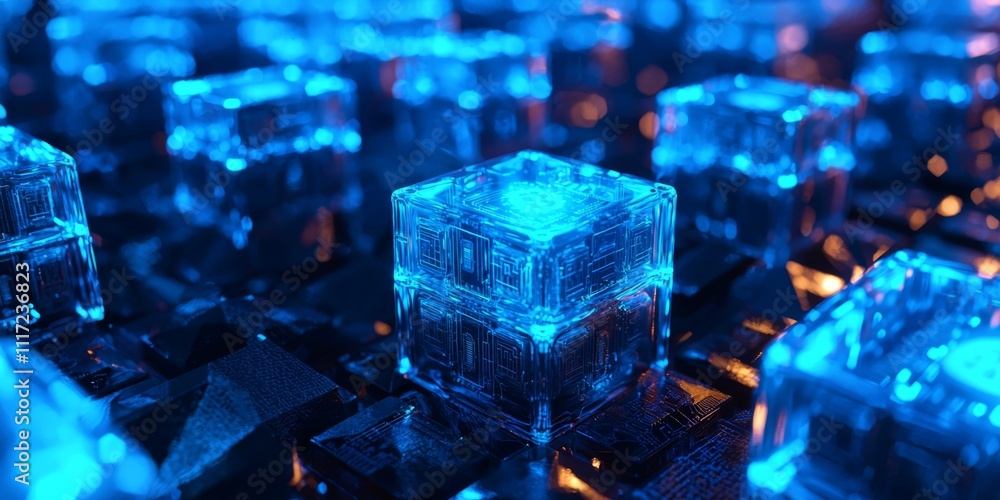 Poster futuristic blockchain data cubes server room technology