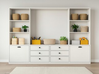 Minimalist toy room with sleek toy storage solutions, neutral tones, and pops of color for a stylish yet childfriendly design