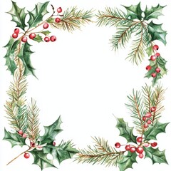 Watercolor Christmas frame with fir branches, pinecone, cotton, leaves isolated on white background.