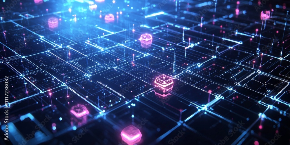 Poster futuristic blockchain technology crypto network grid
