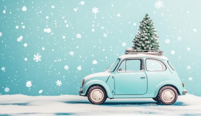 A cute car with a Christmas tree on the roof, set against a turquoise background with pastel colors and snowflakes flying around