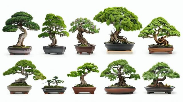 A collection of various bonsai trees displayed in different pots.
