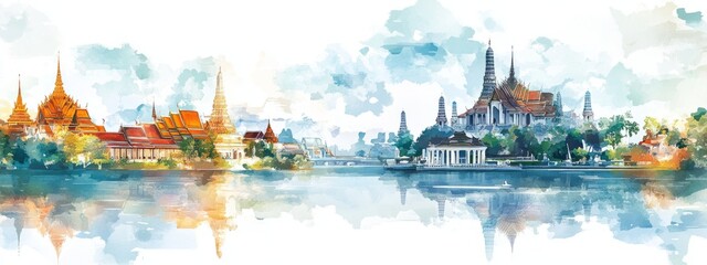 Fototapeta premium Watercolor panoramic view of iconic tamil nadu temples.