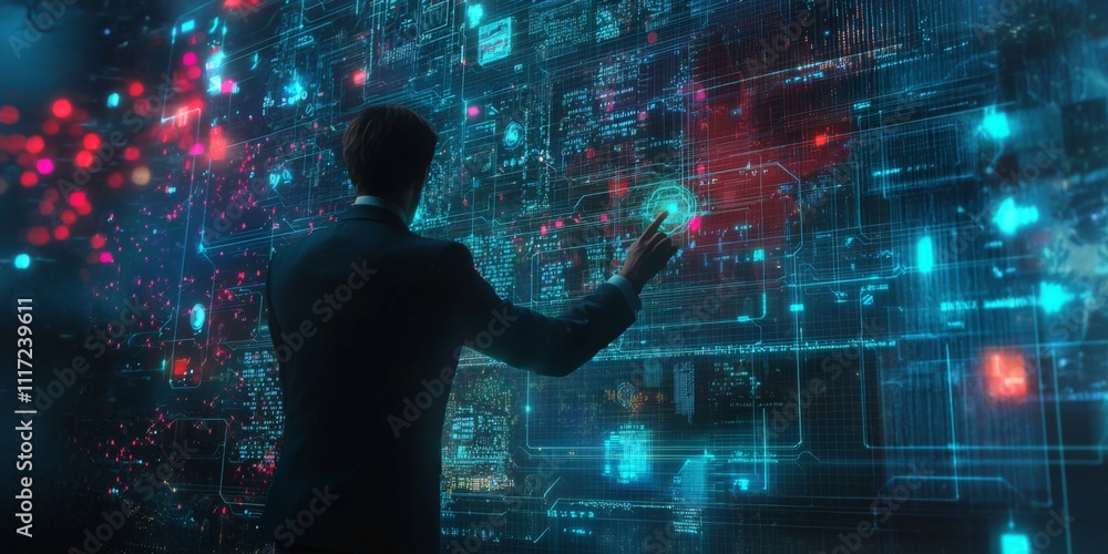 Poster businessman analyzing holographic blockchain data interface