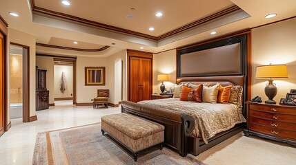 Naklejka premium Luxurious Master Bedroom Interior Design with Elegant Furnishings
