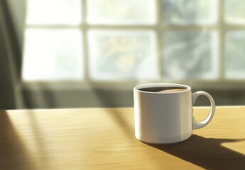 Serene Morning Scene Featuring a White Coffee Mug on a Sunlit Wooden Table with Soft Natural Light Filtering Through a Window for a Cozy Atmosphere