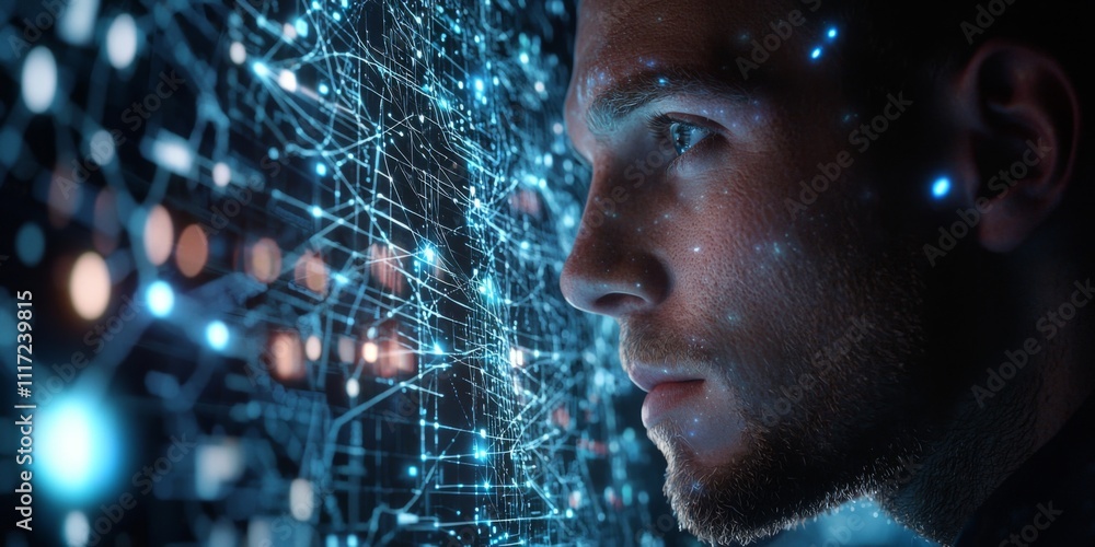 Aufkleber man analyzing holographic blockchain data futuristic technology concept
