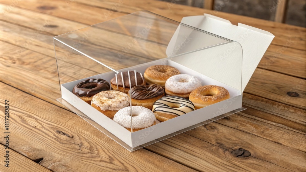 Poster box of assorted donuts with various toppings and flavors, covered with a transparent lid, sits on a 