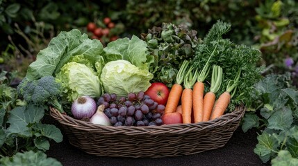 A wicker basket filled with fresh vegetables and fruits, including broccoli, carrots, tomatoes, lettuce, grapes, apples, onions, and cabbage, arranged in a lush outdoor garden setting.