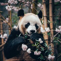 Fototapeta premium Panda eating bamboo surrounded by pink blossoms. (1)