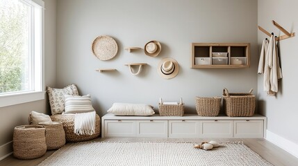 Zeninspired playroom with neutral tones, soft lighting, and organized storage for calming, peaceful play