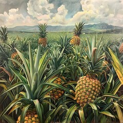 Obraz premium Lush pineapple plantation under a cloudy sky.