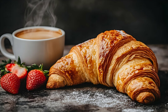 Buttery croissant, coffee, and fresh strawberries on rustic table.