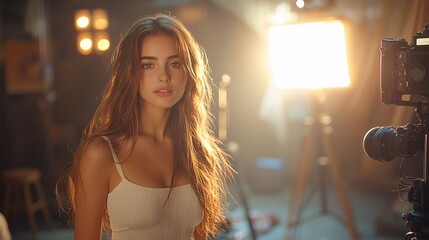 Photographer taking pictures of a model in a studio