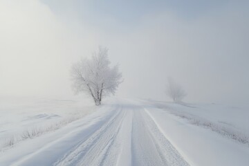 Obraz premium Snowy morning scene of a road blanketed in fresh snowfall creating a winter wonderland