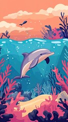 Obraz premium Dolphin Swims in Vibrant Underwater Coral Reef Scene