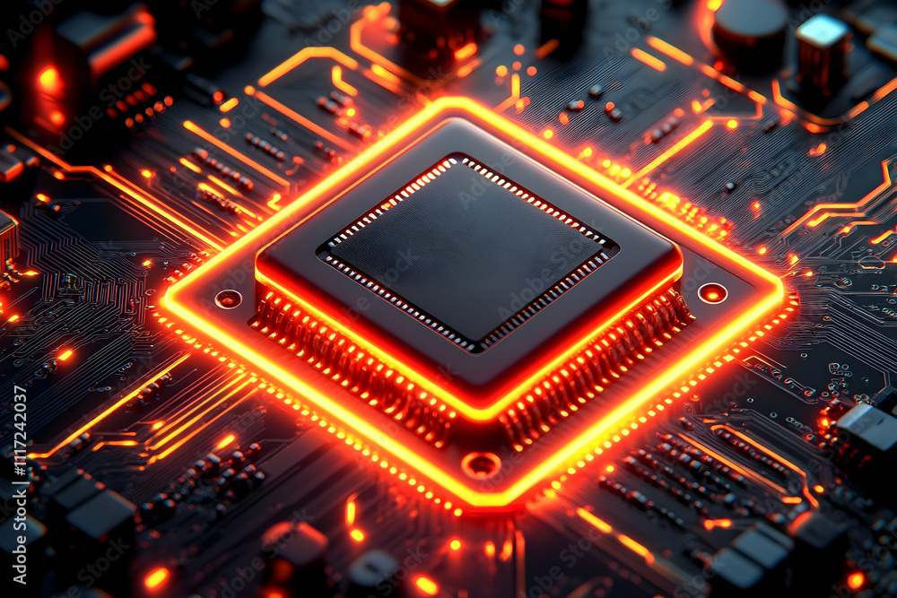 Aufkleber close-up of a glowing cpu on a circuit board.