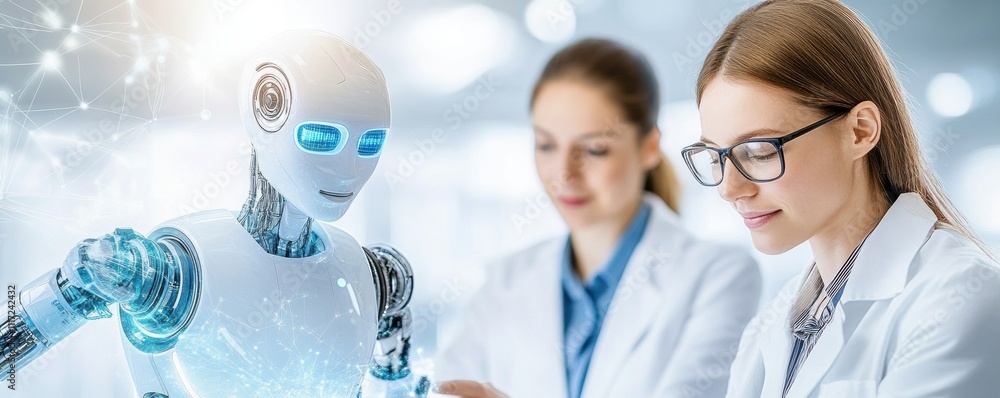 Poster humanoid robot interacting with two female scientists in laboratory setting.