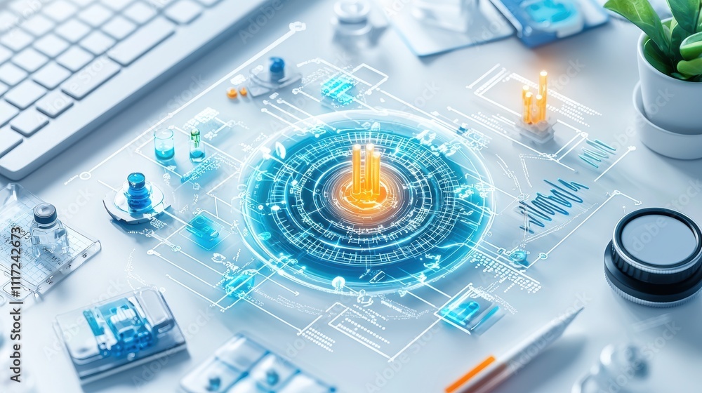 Poster high-tech digital interface on a laboratory desk with futuristic holographic elements and scientific