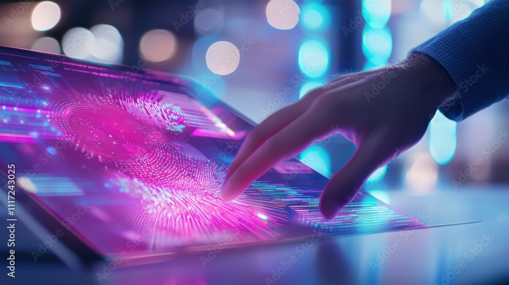 Poster hand interacting with futuristic touchscreen interface with digital fingerprint scanning