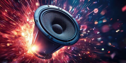 A dynamic scene of a music speaker at a party or event, delivering powerful and clear audio.