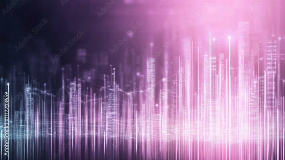 Poster abstract digital skyline with glowing lines and futuristic data visualization in pink and purple ton
