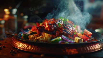 Delicious Tandoori Platter Indian Cuisine Grilled Chicken Paneer Vegetables