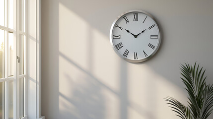 Silver shiny clock hanging on wall copy space ai 