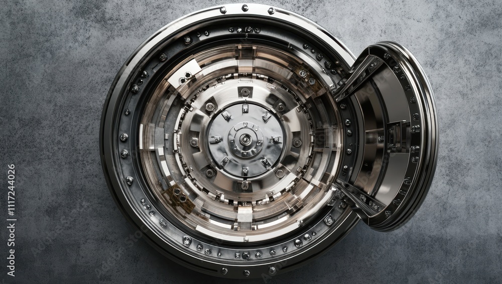 Poster stunning view of an open safe door featuring a complex mechanism with circular design and metallic f