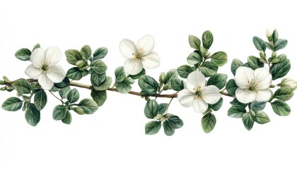 Obraz premium Branch with white flowers and green leaves. Perfect for spring and nature-themed projects.