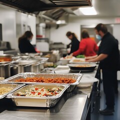 Chefs preparing catering food in a commercial kitchen.