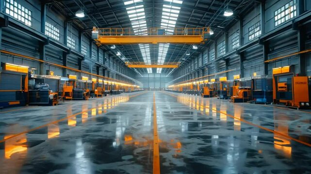 A state-of-the-art manufacturing plant with automated assembly lines, robots, and workers ensuring precision and efficiency in production. warehouse. VDO 4k ProRes