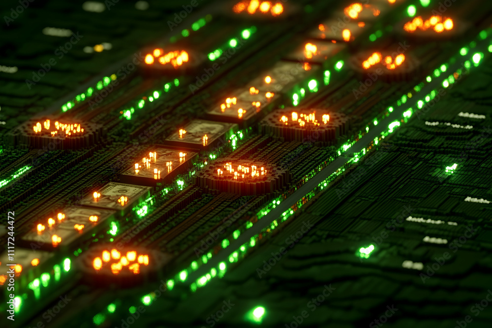 Aufkleber close-up of illuminated circuit board with glowing components.