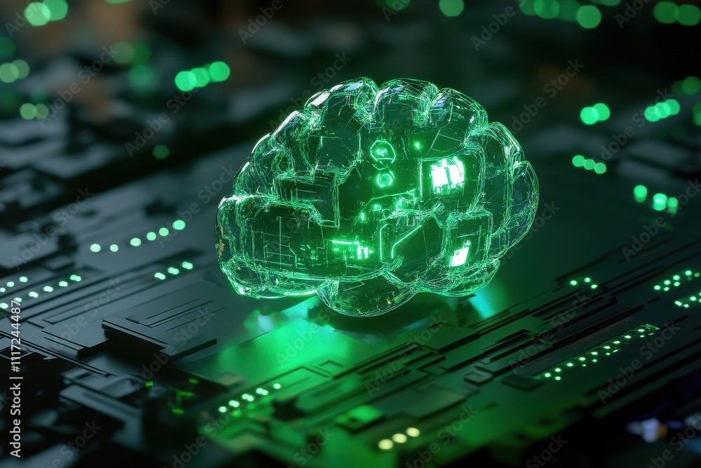 Poster a glowing brain model on a circuit board, symbolizing technology and artificial intelligence.