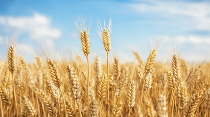 Fototapeta premium Environment nature global concept. Golden wheat field under bright blue sky symbolizing abundance