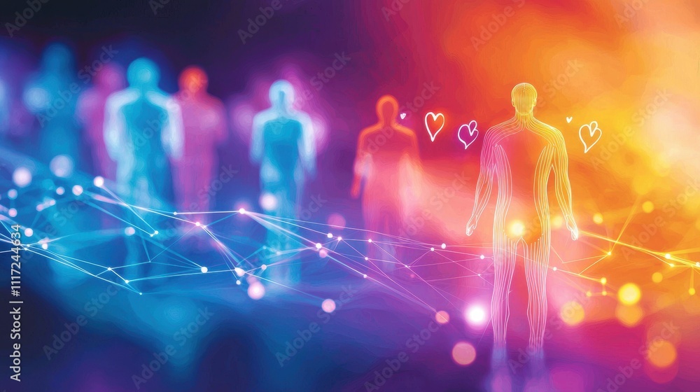 Poster abstract glowing silhouettes of human figures connected by a network of lines and dots on a vibrant 