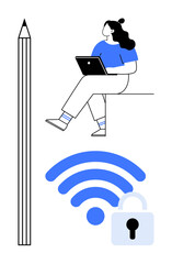 Person using laptop in a relaxed pose, large pencil symbolizing creativity, wireless icon with lock. Ideal for remote work, online learning, digital security, internet privacy, creative process