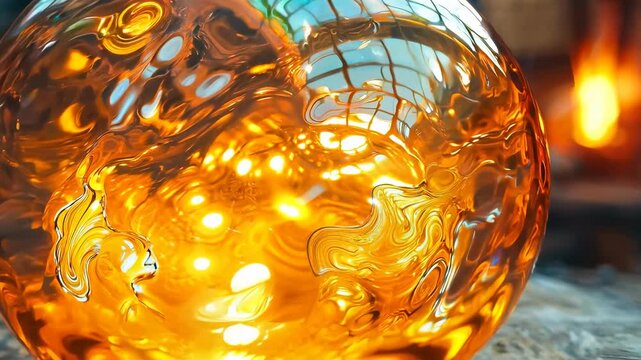 Glowing glass orb in an artisan workshop setting
