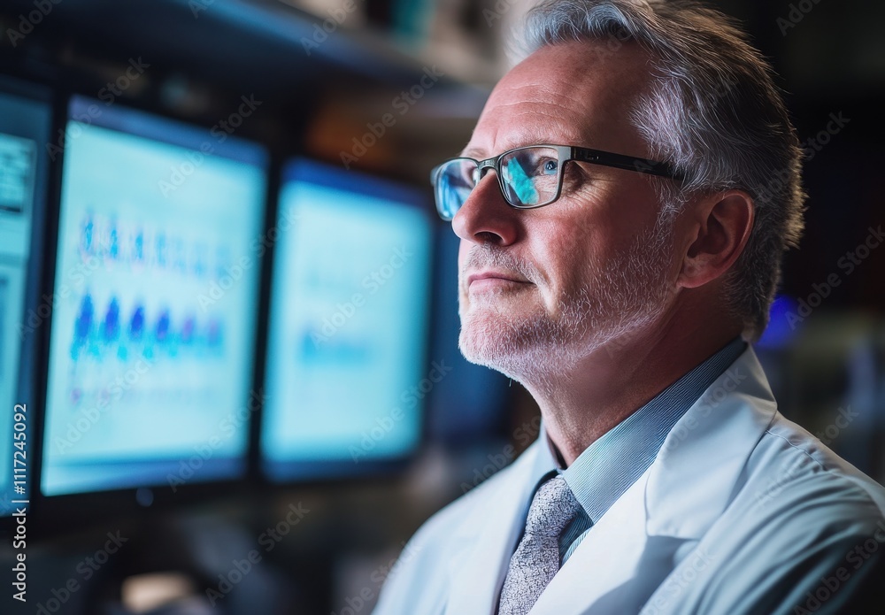 Poster thoughtful male scientist with glasses in laboratory setting analyzing data on computer screens whil