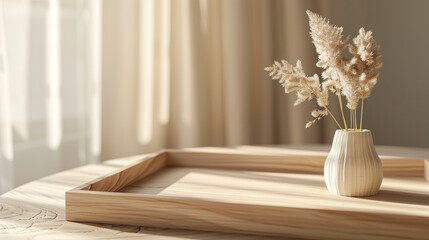 Close-up view of an empty wooden tray and a dry flower with warn and natural color background. Luxury presentation background and display platform for cosmetic, skin care, beauty product.