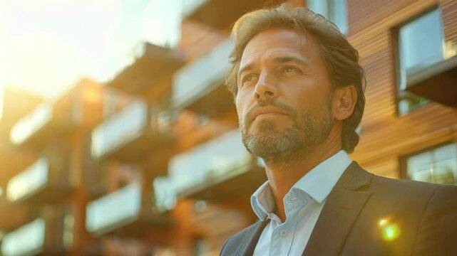 Confident businessman standing against modern architecture