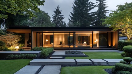 Modern architectural home with large glass windows and landscaped garden at dusk.