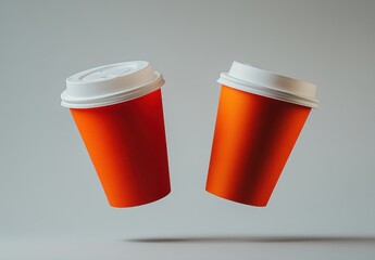 Two Floating Bright Orange Disposable Coffee Cups on a Gray Background, Perfect for Beverage, Drink, and Cafe Related Concepts in Stock Photography