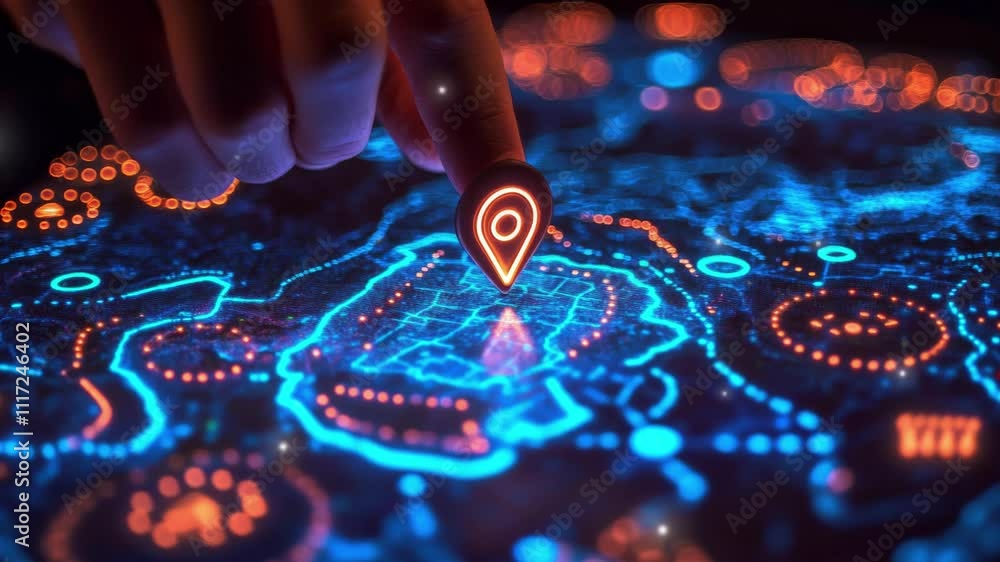 Poster businessman touching a digital map location pin on a virtual hologram interface. data network connec