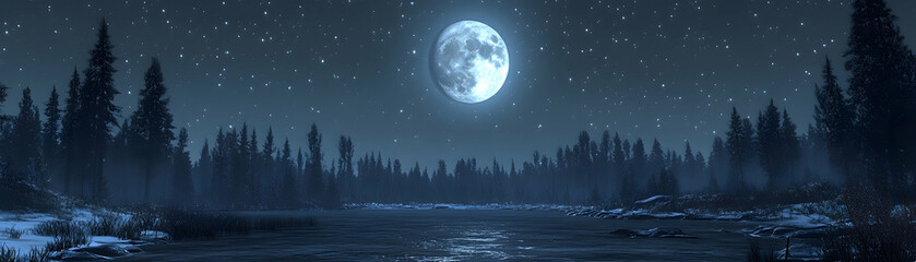 Full moon over snowy lake and forest at night.