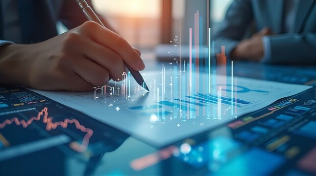 Business Professionals Analyze Financial Data with Holographic Charts and Graphs, Close-Up View