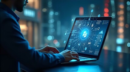 Businessman working on laptop, futuristic interface displaying Windows OS network, city night background, bokeh lights, low-angle shot, cinematic lighting, dark blue tones.