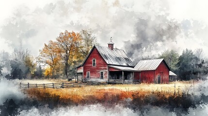 A serene red barn surrounded by autumn foliage and a misty landscape.