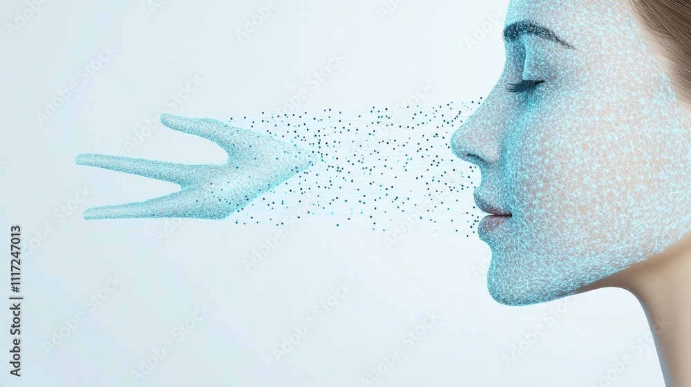 Aufkleber profile of a woman with a digital mesh network overlay and abstract hand formed by particles